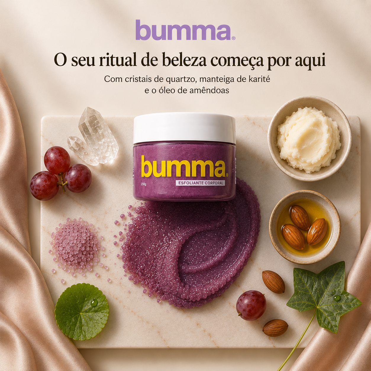 Esfoliante Bumma com cristais de quartzo, manteiga de karité e óleo de amêndoas